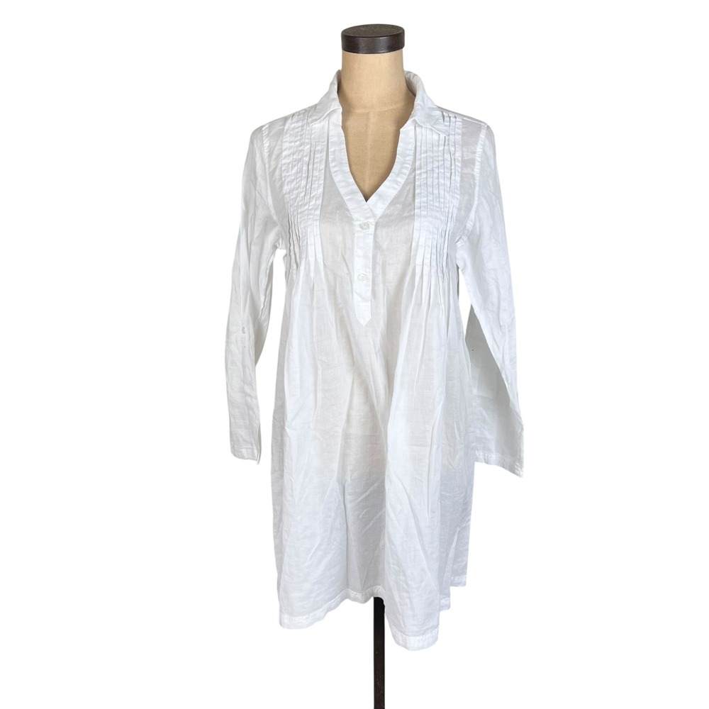 Kenneth Cole Reaction White Cotton Pintuck Tunic Top Roll Tab Sleeve Womens M